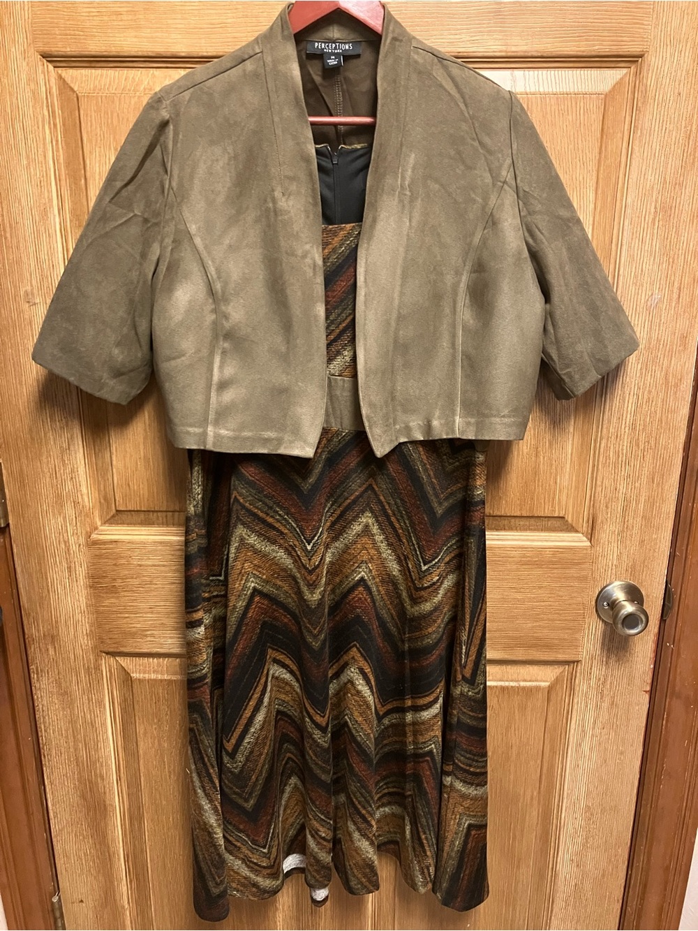 Perceptions Taupe Suede Cropped Jacket with Multicolor Chevron Dress